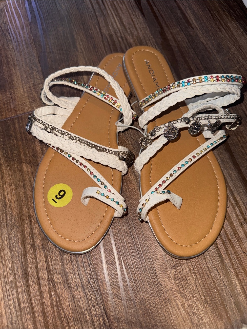 White Braided Multigem Toe-Loop Sandals with Decorative Charms